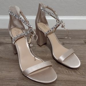Jewel Badgley Mischka Ankle Strap Block Heels Tan Open Toe Dress Shoes Womens 12
